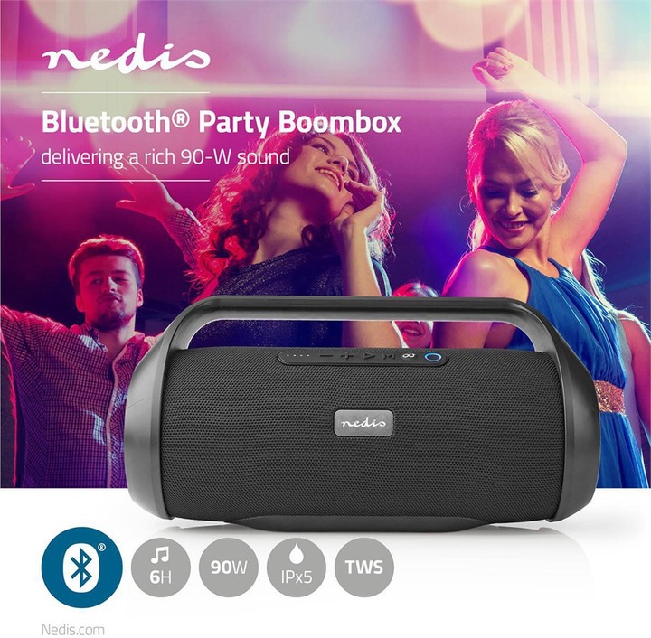 Actual product image Nedis Party Boombox 90W (90W/ 6h Battery/ Bluetooth/ TWS/ Carrying Handle) (6 h, Rechargeable battery operated)