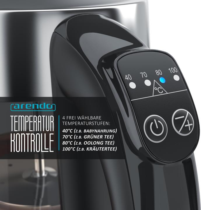 Image du produit Arendo Bouilloire 1,7 l, 2200 W, acier inoxydable & verre avec passoire à thé, théière, sélection de la (1.70 l)