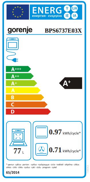 Energy Label Gorenje BPS6737E03X - Built-in oven - Pyrolysis - PerfectGrill - SoftOpen - 77 L