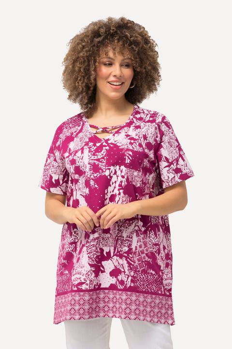 Immagine prodotto Ulla Popken T-shirt con stampa patchwork, laccetti, scollo a V e mezze maniche (46, 48)