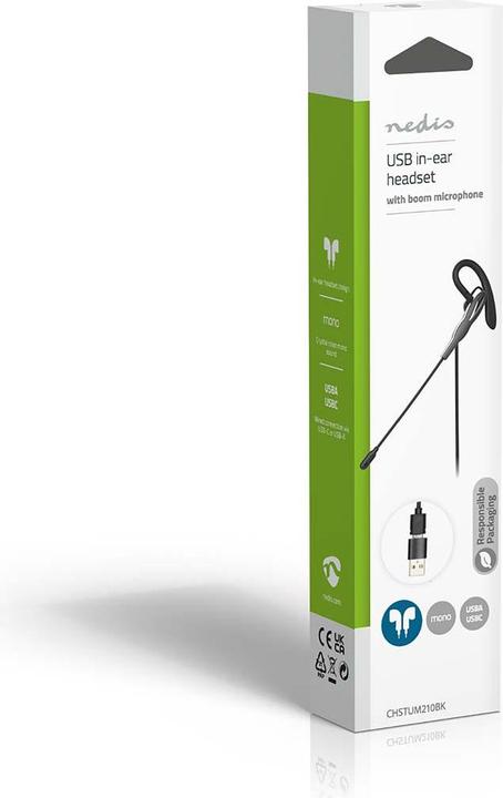 Actual product image Nedis PC Headset - In Ear - Mono - USB Type-A/USB Type-C - Foldable Microphone - Black (Cable, USB-A)