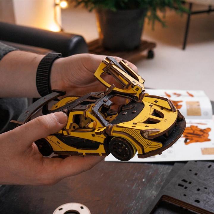Actual product image Eco Wood Art Mechanical 3D wooden-puzzle - Racing Car -Yellow (237 parts)