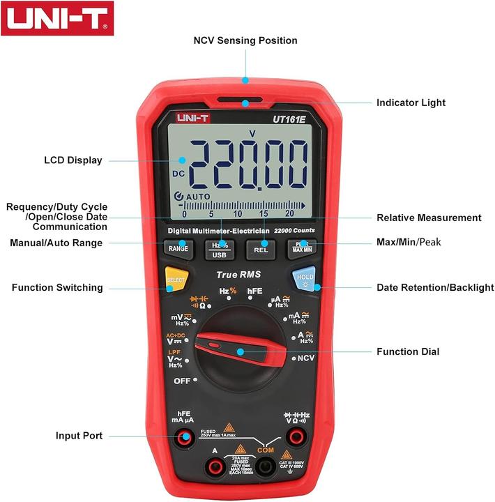 Actual product image Uni-T UT 161E - Multimeter digital 20.000 Counts USB hFE (CAT III 1000V, CAT IV 600V)