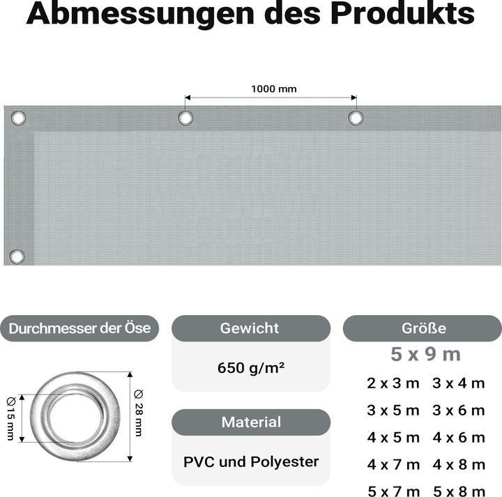 Produktbild Wiltec Abdeckplane wetterfest grau 5 x 9 m Polyester Plane Ösen 650g/m² Gartenplane (9 x 5 m)