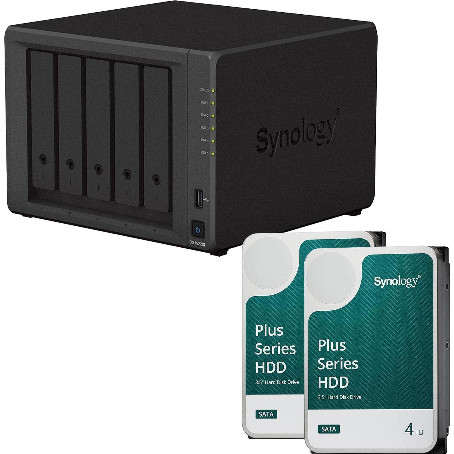 Synology DiskStation DS1522+ 5 Einschübe NAS-Server Leergehäuse + 8 TB Plus (2x 4TB) (2 x 4 TB), NAS