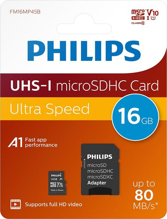 Actual product image Philips MicroSDHC Class 10 UHS-I U1 with adapter (16 GB, microSDHC, U1, UHS-I)