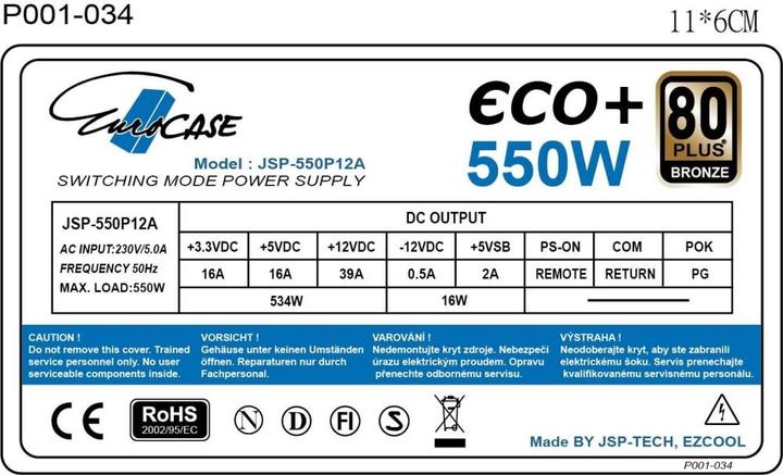 Actual product image Eurocase zdroj 550W Eco+, 120mm, 80+ Bronze, ATX (550 W)