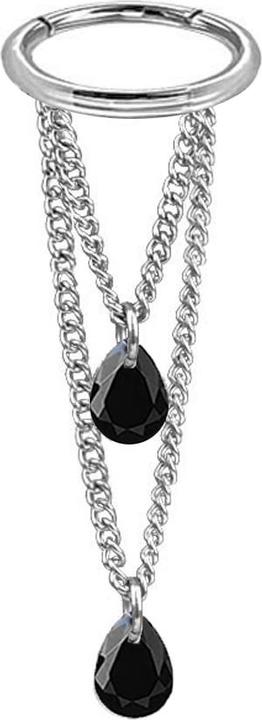 Produktbild Star Piercing Micro Segmentring klappbar silber Anhänger waagerecht zwei Ketten zwei Ovale Kristalle schwarz (ohne Messing, Chirurgenstahl 316L)
