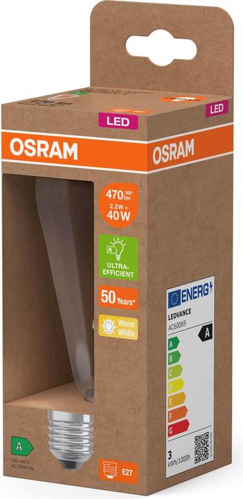 Actual product image Osram LED Classic Edison 40 Filament Energy efficiency class A 2.2W 827 Clear E27 (E27, 470 lm, 1x)