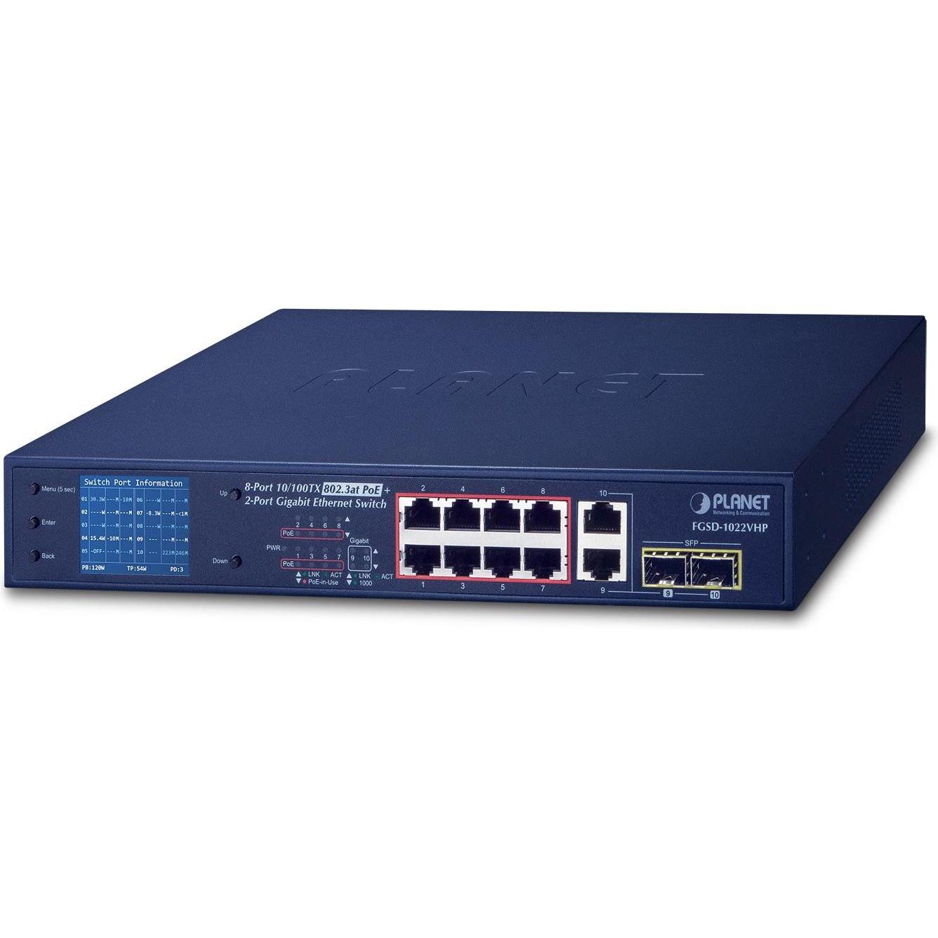 Planet 8-Port 10/100TX 802.3at PoE (8 Ports), Netzwerk Switch, Blau