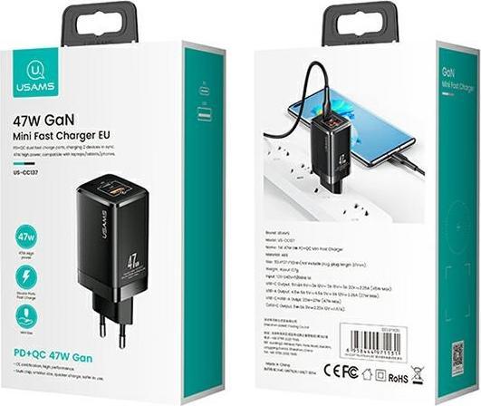 Actual product image Usams Ład. siec. T41 USB-C+USB GaN 47W PD+QC (only head) Fast Charging czarny/black CC137TC01 (US-CC (47 W, 2 ports)
