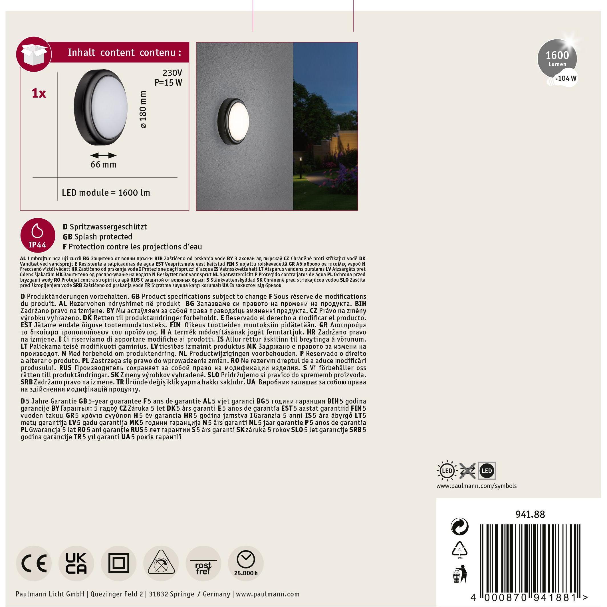 Thumbnail - Paulmann, Gartenbeleuchtung, Wandleuchte (1500 lm, IP54)