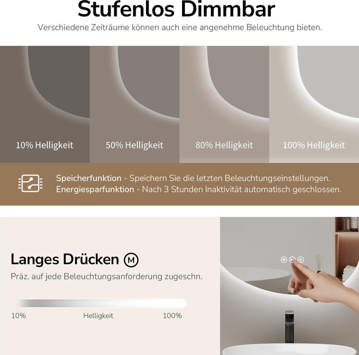 Actual product image Emke Asymmetrischer Badspiegel 65 x 45 cm mit Beleuchtung, dimmbar, 3 Lichtfarben, Touch-Schalter, beschl