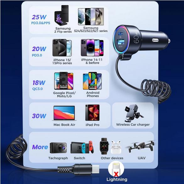 Image du produit Joyroom Chargeur de voiture filaire 3 en 1 (55W)