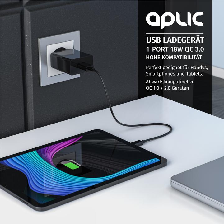 Actual product image Aplic USB charger 3000 mA, Quick Charge 3.0 USB charger 1x USB A QC 3.0 port, max. 3A via QC, black (1 portion)