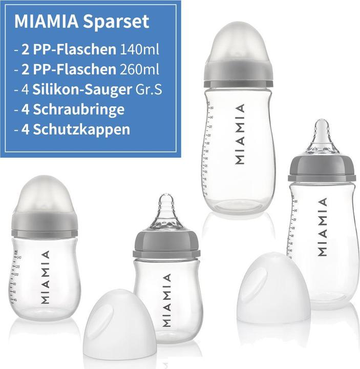 Produktbild MiaMia Babyflaschen PP-Flasche 4er Pack 140 ml & 260 ml + Silikon-Trinksauger (260 ml)