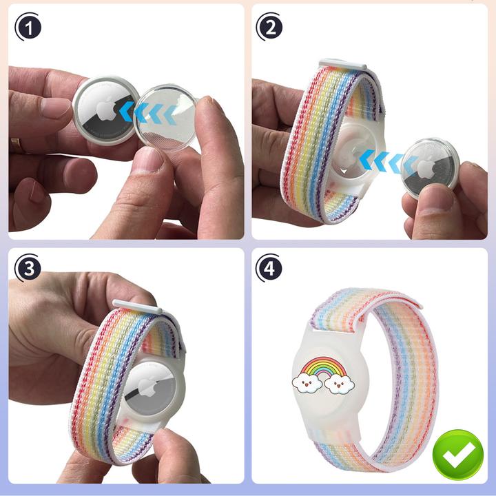 Produktbild Hurtel AirTag-Hülle mit Riemen für Kinder-Nylonarmband – mit regenbogenfarbenem Riemen