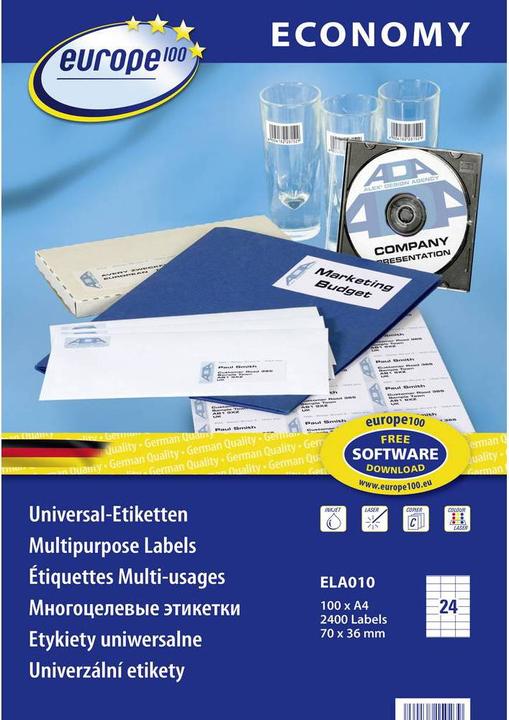 Actual product image Europe 100 ELA010 Labels 70 x 36 mm Paper White 2400 pcs Permanent Universal-