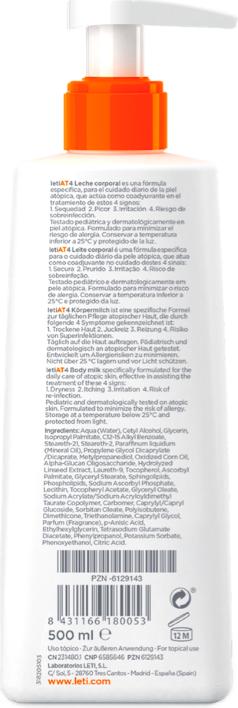 Image du produit Leti LETIAT4 Atopic Skin Lait corporel pour peaux atopiques, 500 ml de crème (Lait pour le corps, 500 ml)