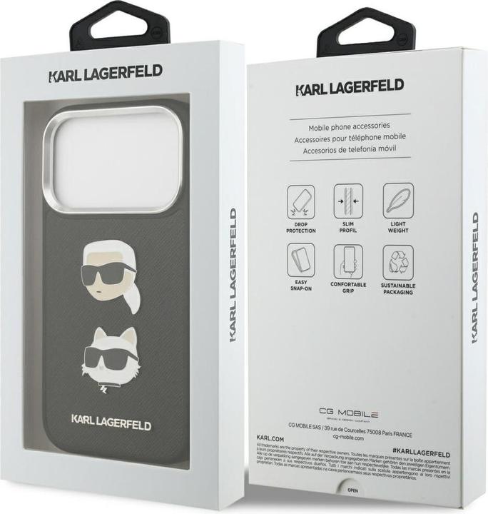 Immagine prodotto Karl Lagerfeld - Hardcase Grained K&C Heads Pins and Logo (KLHCP17LPSFDHPOK) - iPhone 17 Pro - Black (Apple iPhone 17 Pro)