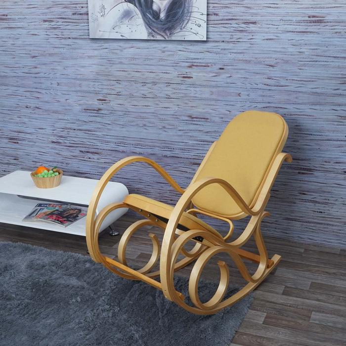 Produktbild Swisshandel24 Schaukelstuhl, Schwingsessel Fernsehsessel, Massiv-Holz - Eiche-Optik, Stoff/Textil gelb