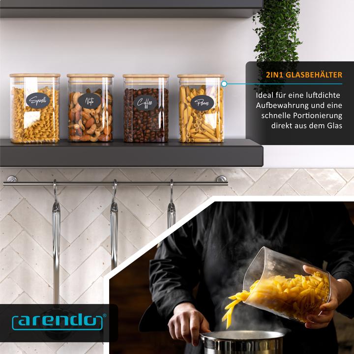 Actual product image Arendo 4x Vorratsgläser, 1,5 L Glasbehälter, 4er Set, Borosilikatglas, quadratisch, mit Bambusdeckel (1.50 l)