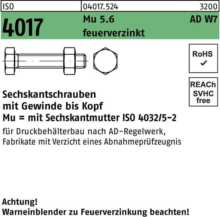 Bufab Hexagon head bolt ISO 4017 VG w.nut M 24 x 60 5.6 AD W7 hot-dip galvanised (25 Screws per piece)