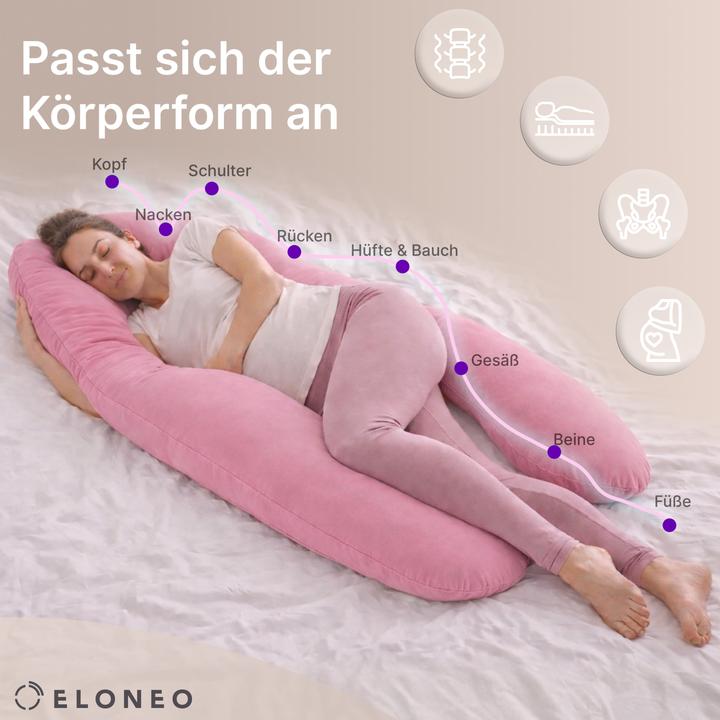 Produktbild Eloneo Seitenschläferkissen mit Bezug, Stillkissen, Schwangerschaftskissen XXL, Rosa (153 x 97 cm)