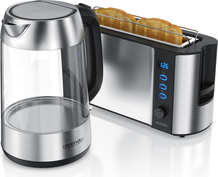 Produktbild Arendo Frühstücks Set, Glas Wasserkocher 1,7l, 2-Scheiben Langschlitz Toaster mit Brötchenaufsatz, Silber (1.70 l)