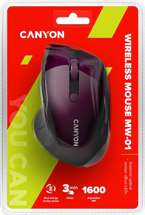 Produktbild Canyon MW-01 2.4GHz wireless mouse 6 buttons, optical tracking - blue LED, DPI 1000/1200/1600, Purpl (Kabellos)