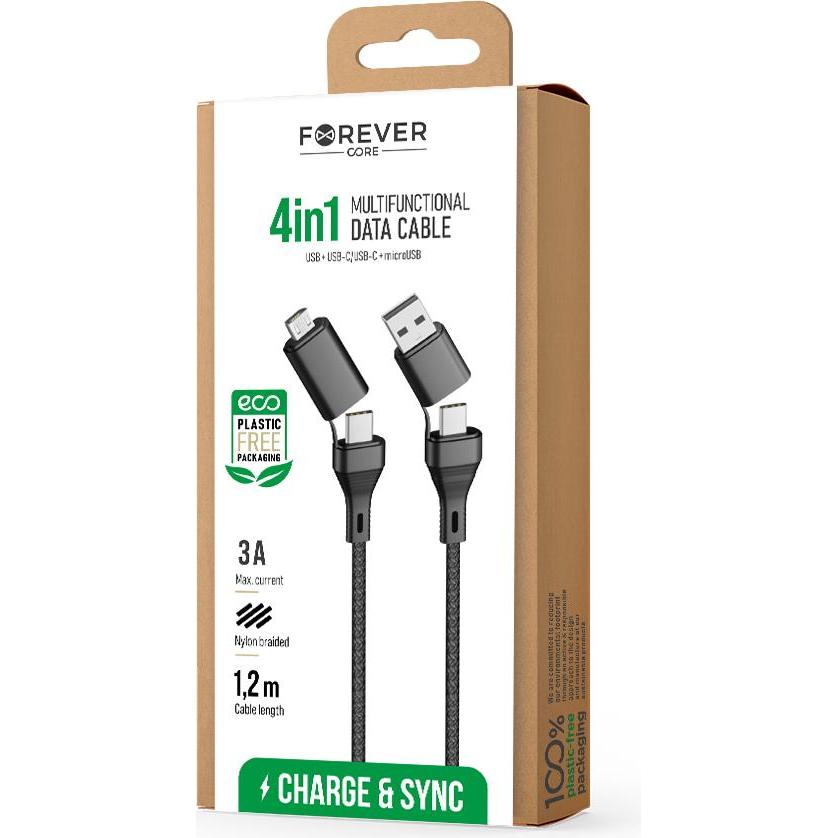 Thumbnail - Forever Core 4in1 Kabel USB + USB-C - USB-C + microUSB 1,2 m 3A schwarz (1.20 m, USB 3.2 Gen 1), USB Kabel