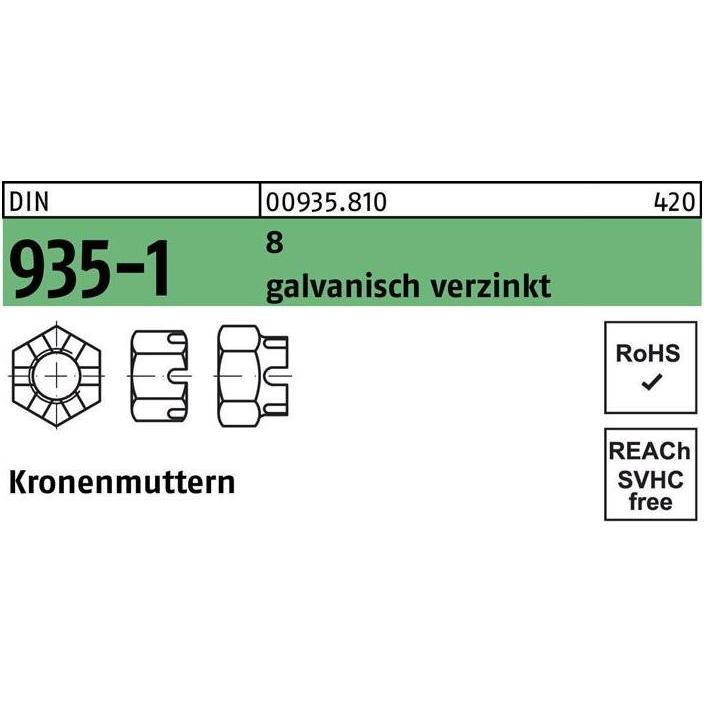 Muttern + Unterlegscheiben, Kronenmutter DIN 935-1 M 16 8 galvanisch verzinkt