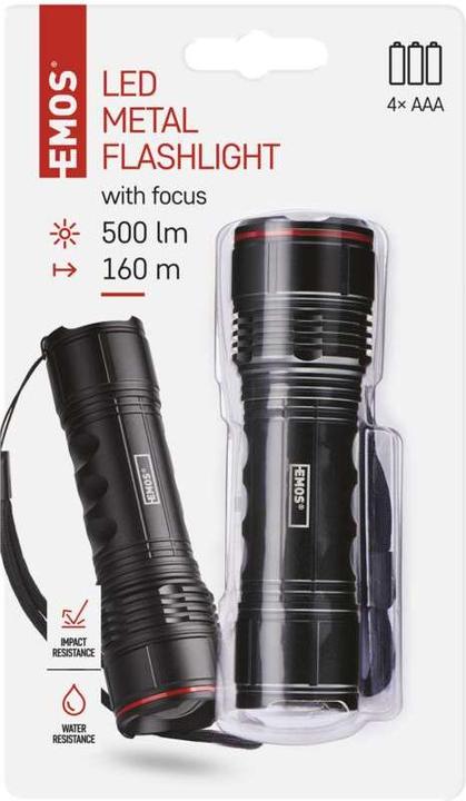 Actual product image Emos LED metal torch, 500 lm, 4× AAA, FOKUS (12.80 cm, 500 lm)