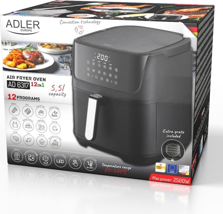 Produktbild Adler Tischgrill AD 6317 Air Fryer Ofen, 12 Programme, 5,5 L, Schwarz