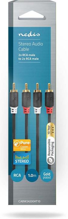 Produktbild Nedis Stereo-Audiokabel | 2x RCA Stecker | 2x RCA Stecker | Vergoldet | 1.00 m | rund | Anthrazit | (1 m)
