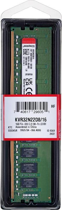 Productafbeelding Kingston KVR32N22D8/16 (1 x 16GB, 3200 MHz, DDR4 RAM, DIMM 288 pin)