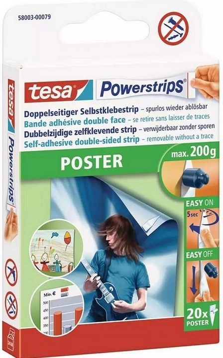 Produktbild tesa 3x Powerstrips POSTER, 200g Halteleistung, 60x doppelseitige Klebestreifen
