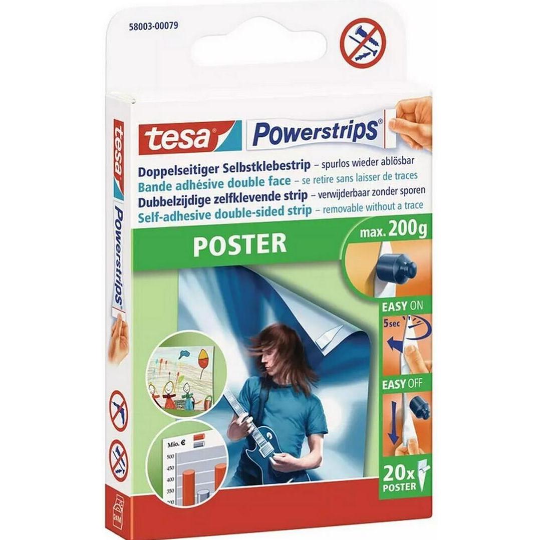 tesa, Klebehaken + Klebenagel, 3x Powerstrips POSTER, 200g Halteleistung, 60x doppelseitige Klebestreifen