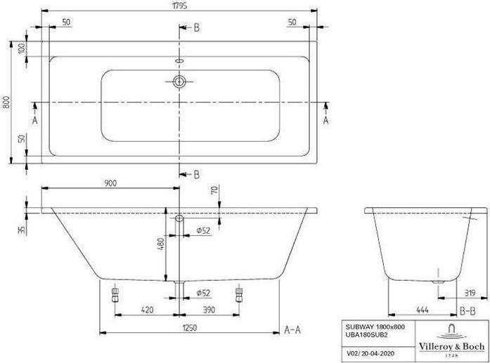 Actual product image Villeroy & Boch Rectangular bathtub Subway 80 x 180 cm alpine white smooth UBA180SUB2V-01 (180 l, 180 cm, 80 cm)