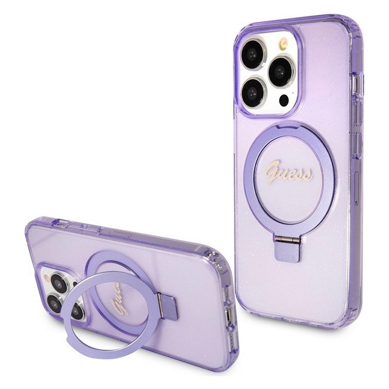 Guess GUHMP15XHRSGSU IPhone 15 Pro Max 6.7" Fioletowy/purple Hardcase Ring Stand Script Glitter MagS (Apple IPhone 15 Pro Max), Smartphone Hülle,