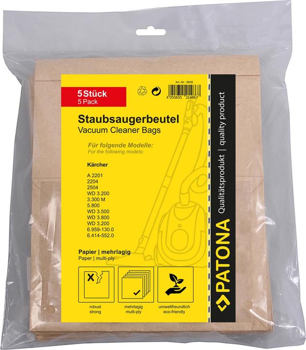 Actual product image Patona 5 hoover bags multi-ply paper for Kärcher A 2201 2204 2504 3.300M 5.800 WD 3.200 3.500 (5 x)