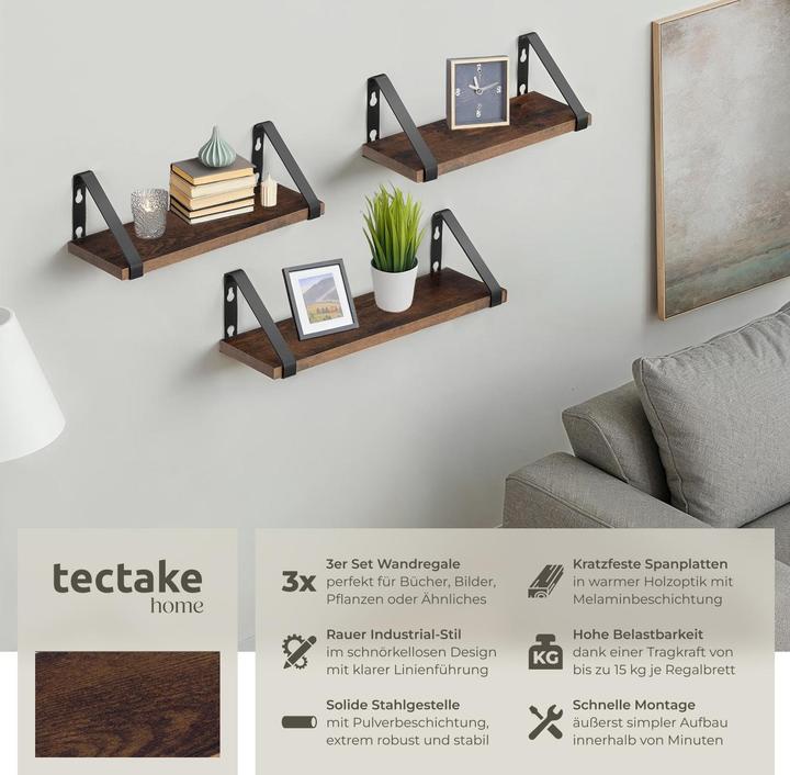 Actual product image tectake 3 hanging shelves Cowell (40 x 12 x 12 cm)