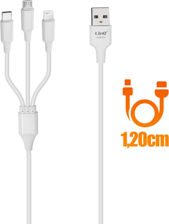 Image du produit LinQ Câble USB 3 en 1, USB-C / Lightning / Micro-USB (1.20 m, USB 3.2 Gen 1)