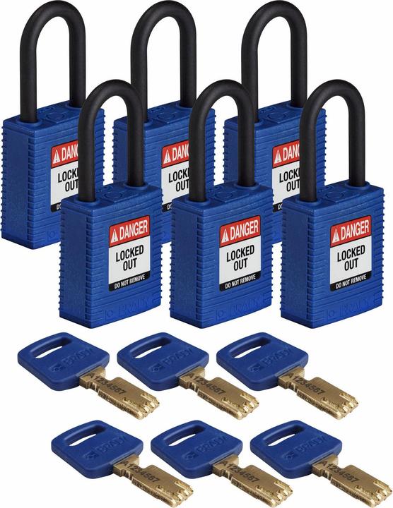 Brady Serratura di sicurezza in nylon Safekey con grillo in nylon, blu, altezza grillo 38 mm, diametro