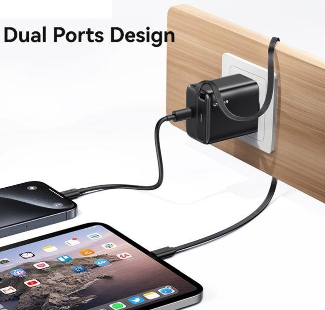 Produktbild Usams Ład. siec. 1xUSB-C ze zwijanym kablem USB-C Retractable PD+QC 30W Gan Fast Charging czarny/bla (30 W)