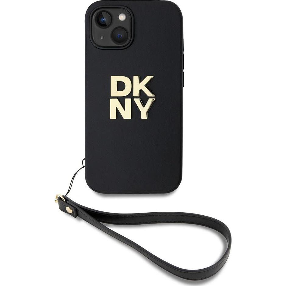 DKNY PU Leather Stack Logo Wrist Strap Case for iPhone 13 Black (Apple iPhone 13), Smartphone Hülle, Schwarz