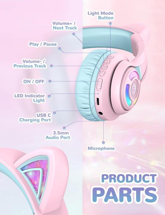 Produktbild Iclever Bluetooth-Kinderkopfhörer mit LED-Katzenohren
