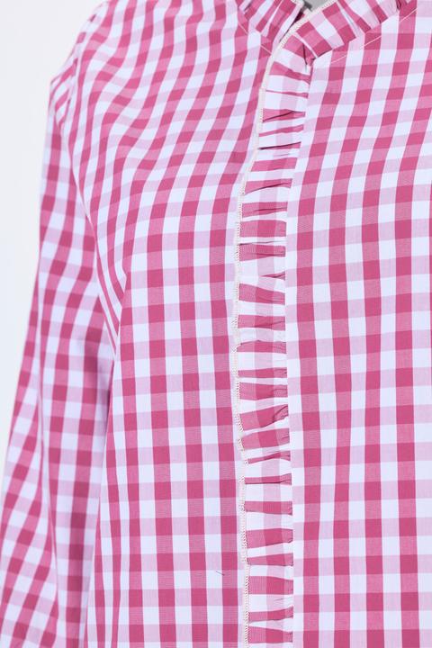 Actual product image Ulla Popken Checked Ruffle Trim 3/4 Sleeve Button-Down Shirt (60)