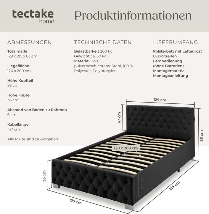 Actual product image tectake Ottoman Bed with LED strips & storage (120 x 200 cm)
