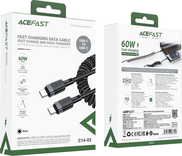 Produktbild Acefast C14-03 USB-C - USB-C Spring Cable 480Mb/s 3A 1.2m - Black (1.20 m, USB 2.0, 60 W)
